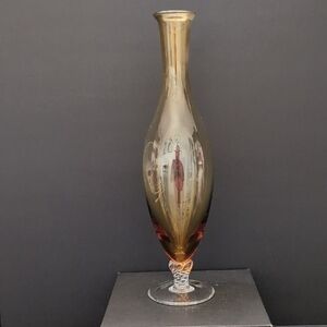 VGT,Amber Glass Vase with Twisted Clear Pedestal Base.